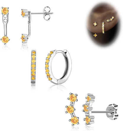 Gold Stud Earrings Set for Women, 3 Pairs Huggie Hoop Jacket Studs Earring Stack for Multiple Piercing, Hypoallergenic 925 Sterling Silver Post Dainty Birthstone Trendy Valentine Jewelry Gifts
