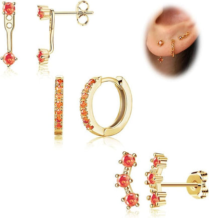 Gold Stud Earrings Set for Women, 3 Pairs Huggie Hoop Jacket Studs Earring Stack for Multiple Piercing, Hypoallergenic 925 Sterling Silver Post Dainty Birthstone Trendy Valentine Jewelry Gifts