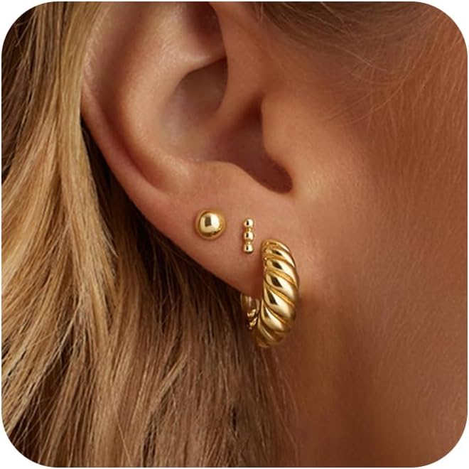 3 Pairs Gold Hoop Earrings Set: Dainty Stud Earrings Trendy Small 14K Gold Plated Hypoallergenic Dangle Cartilage Huggie Hoop Earrings for Women Gold Jewelry for Women Girls Gifts