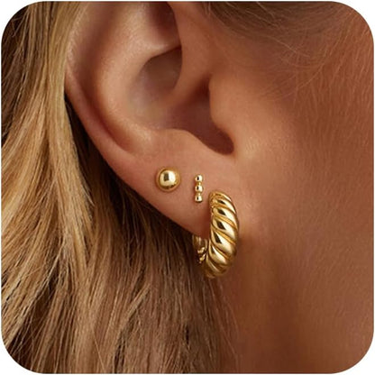 3 Pairs Gold Hoop Earrings Set: Dainty Stud Earrings Trendy Small 14K Gold Plated Hypoallergenic Dangle Cartilage Huggie Hoop Earrings for Women Gold Jewelry for Women Girls Gifts