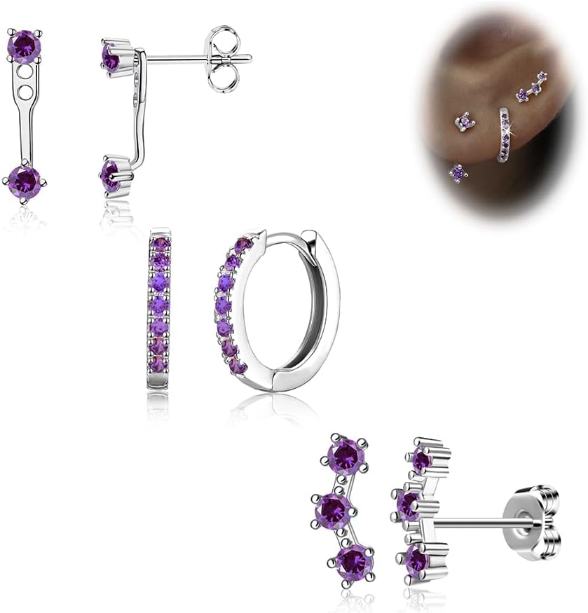 Gold Stud Earrings Set for Women, 3 Pairs Huggie Hoop Jacket Studs Earring Stack for Multiple Piercing, Hypoallergenic 925 Sterling Silver Post Dainty Birthstone Trendy Valentine Jewelry Gifts