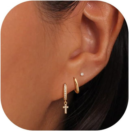 3 Pairs Gold Hoop Earrings Set: Dainty Stud Earrings Trendy Small 14K Gold Plated Hypoallergenic Dangle Cartilage Huggie Hoop Earrings for Women Gold Jewelry for Women Girls Gifts