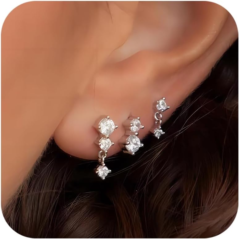 Gold Stud Earrings Set for Women, 3 Pairs Huggie Hoop Jacket Studs Earring Stack for Multiple Piercing, Hypoallergenic 925 Sterling Silver Post Dainty Birthstone Trendy Valentine Jewelry Gifts