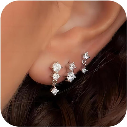 Gold Stud Earrings Set for Women, 3 Pairs Huggie Hoop Jacket Studs Earring Stack for Multiple Piercing, Hypoallergenic 925 Sterling Silver Post Dainty Birthstone Trendy Valentine Jewelry Gifts