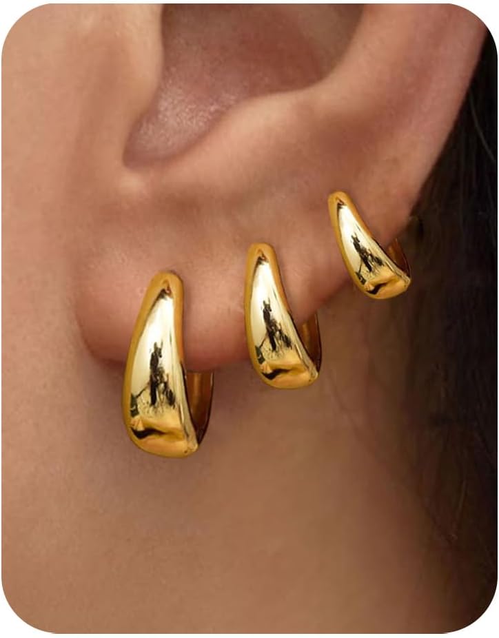 3-Pair Gold Chunky Hoop Earrings Set