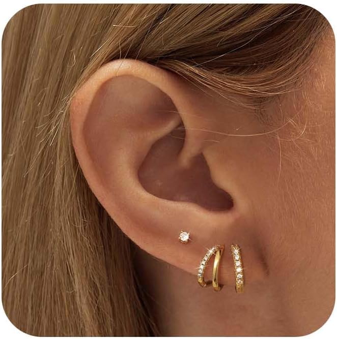 Gold Hoop Earrings for Women, 14K Gold Plated Hypoallergenic Cubic Zirconia Earrings Trendy Small Dainty Gold Hoops Earrings Set Jewelry Multiple Piercing Gifts for Women