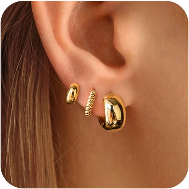 3 Pairs Gold Hoop Earrings Set: Dainty Stud Earrings Trendy Small 14K Gold Plated Hypoallergenic Dangle Cartilage Huggie Hoop Earrings for Women Gold Jewelry for Women Girls Gifts