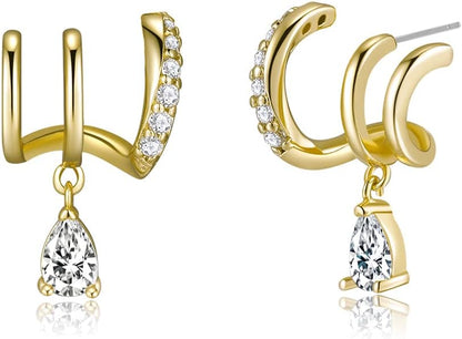 S925 14K Gold Plated Triple Huggie Illusion Stud Earrings | Double Huggie Hoop Earrings for One Hole | Gold Hoop Earrings for Women | Drop earrings