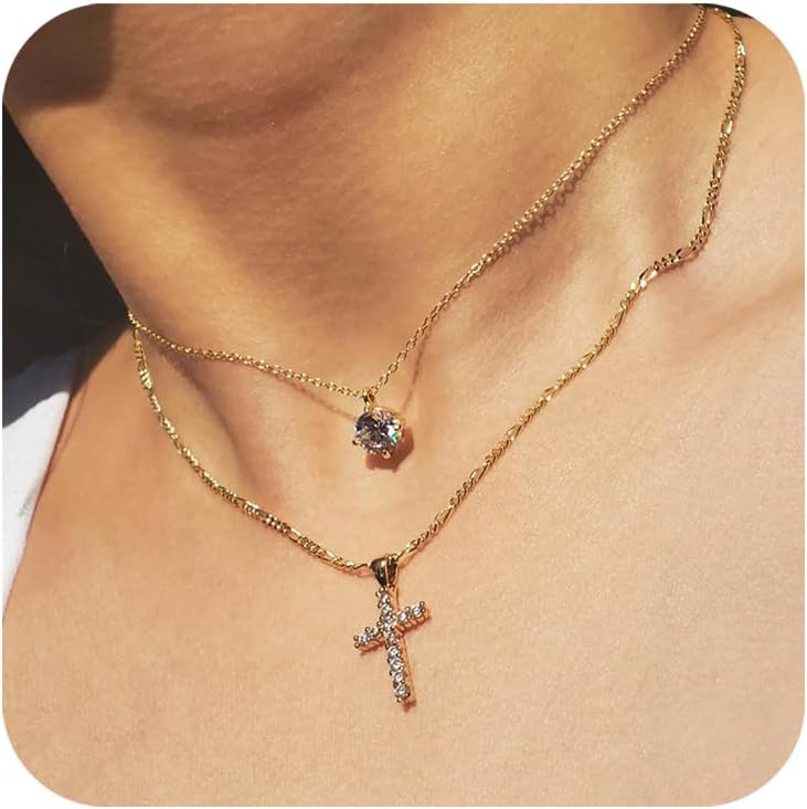 MONOZO Cross Necklace for Women，14K Gold Plated Cross Necklace Layered Gold Cross Necklace Tiny Sideway Cross Choker Necklace Gold Cross Necklaces for Women Trendy Gold Jewelry Gifts for Women Trendy