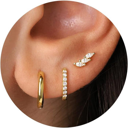 3 Pairs Gold Hoop Earrings Set: Dainty Stud Earrings Trendy Small 14K Gold Plated Hypoallergenic Dangle Cartilage Huggie Hoop Earrings for Women Gold Jewelry for Women Girls Gifts