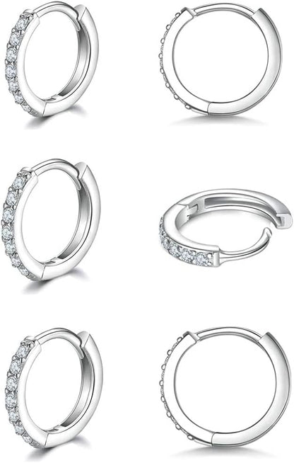 925 Sterling Silver Small Hoop Earrings Cubic Zirconia Huggie Hoop Earrings, 3 Pairs 14K White Gold Plated Cartilage Piercing Earrings Ear Cuff Tiny Hoop Earrings for Women Men