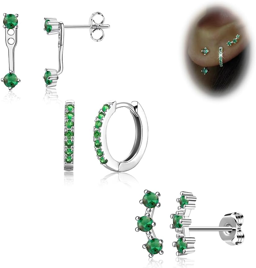 Gold Stud Earrings Set for Women, 3 Pairs Huggie Hoop Jacket Studs Earring Stack for Multiple Piercing, Hypoallergenic 925 Sterling Silver Post Dainty Birthstone Trendy Valentine Jewelry Gifts