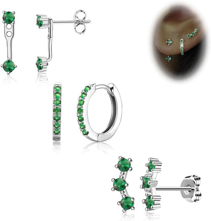 Gold Stud Earrings Set for Women, 3 Pairs Huggie Hoop Jacket Studs Earring Stack for Multiple Piercing, Hypoallergenic 925 Sterling Silver Post Dainty Birthstone Trendy Valentine Jewelry Gifts