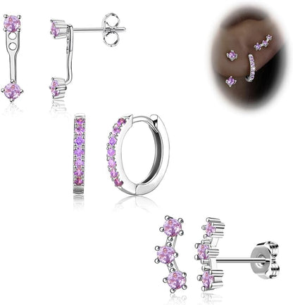 Gold Stud Earrings Set for Women, 3 Pairs Huggie Hoop Jacket Studs Earring Stack for Multiple Piercing, Hypoallergenic 925 Sterling Silver Post Dainty Birthstone Trendy Valentine Jewelry Gifts