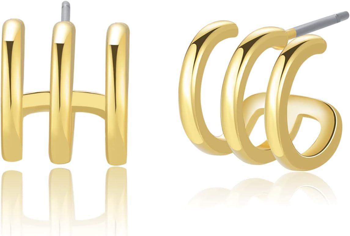 S925 14K Gold Plated Triple Huggie Illusion Stud Earrings | Double Huggie Hoop Earrings for One Hole | Gold Hoop Earrings for Women | Drop earrings
