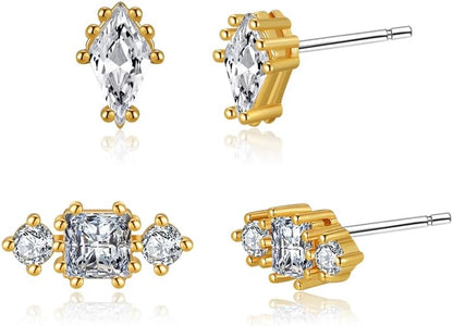 S925 14K Gold Plated Triple Huggie Illusion Stud Earrings | Double Huggie Hoop Earrings for One Hole | Gold Hoop Earrings for Women | Drop earrings