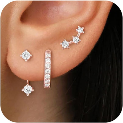 Gold Stud Earrings Set for Women, 3 Pairs Huggie Hoop Jacket Studs Earring Stack for Multiple Piercing, Hypoallergenic 925 Sterling Silver Post Dainty Birthstone Trendy Valentine Jewelry Gifts