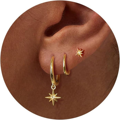 3 Pairs Gold Hoop Earrings Set: Dainty Stud Earrings Trendy Small 14K Gold Plated Hypoallergenic Dangle Cartilage Huggie Hoop Earrings for Women Gold Jewelry for Women Girls Gifts