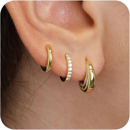 Gold Huggie Hoop Earrings Set for Women, Dainty Small Sterling Silver Earrings for Multiple Piercing Lightweight Hypoallergenic Jewelry, Trendy Twisted Cubic Zircon Cartilage Earrings for Women's Gifts 3 Pairs