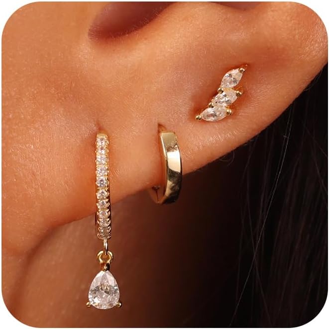 3 Pairs Gold Hoop Earrings Set: Dainty Stud Earrings Trendy Small 14K Gold Plated Hypoallergenic Dangle Cartilage Huggie Hoop Earrings for Women Gold Jewelry for Women Girls Gifts