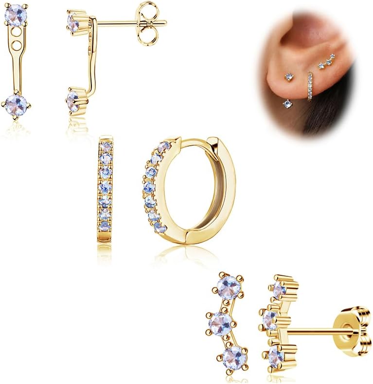Gold Stud Earrings Set for Women, 3 Pairs Huggie Hoop Jacket Studs Earring Stack for Multiple Piercing, Hypoallergenic 925 Sterling Silver Post Dainty Birthstone Trendy Valentine Jewelry Gifts