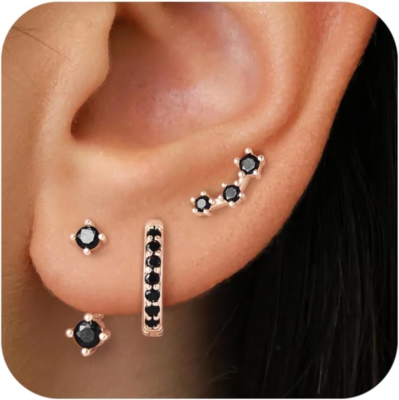 Gold Stud Earrings Set for Women, 3 Pairs Huggie Hoop Jacket Studs Earring Stack for Multiple Piercing, Hypoallergenic 925 Sterling Silver Post Dainty Birthstone Trendy Valentine Jewelry Gifts