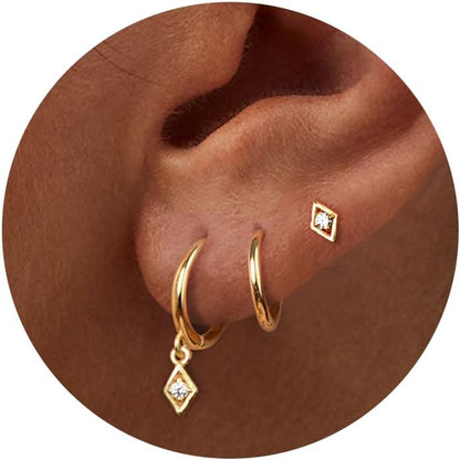 3 Pairs Gold Hoop Earrings Set: Dainty Stud Earrings Trendy Small 14K Gold Plated Hypoallergenic Dangle Cartilage Huggie Hoop Earrings for Women Gold Jewelry for Women Girls Gifts
