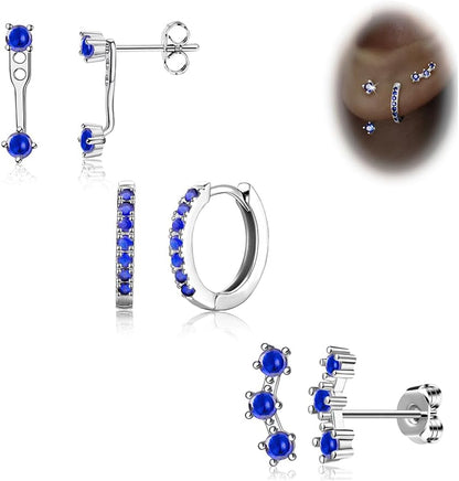 Gold Stud Earrings Set for Women, 3 Pairs Huggie Hoop Jacket Studs Earring Stack for Multiple Piercing, Hypoallergenic 925 Sterling Silver Post Dainty Birthstone Trendy Valentine Jewelry Gifts