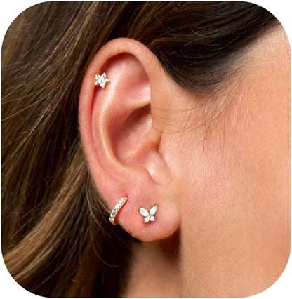 3 Pairs Gold Hoop Earrings Set: Dainty Stud Earrings Trendy Small 14K Gold Plated Hypoallergenic Dangle Cartilage Huggie Hoop Earrings for Women Gold Jewelry for Women Girls Gifts