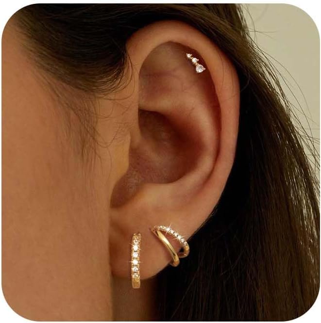 Gold Hoop Earrings for Women, 14K Gold Plated Hypoallergenic Cubic Zirconia Earrings Trendy Small Dainty Gold Hoops Earrings Set Jewelry Multiple Piercing Gifts for Women