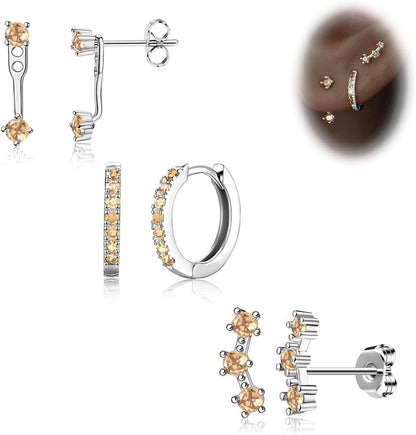 Gold Stud Earrings Set for Women, 3 Pairs Huggie Hoop Jacket Studs Earring Stack for Multiple Piercing, Hypoallergenic 925 Sterling Silver Post Dainty Birthstone Trendy Valentine Jewelry Gifts