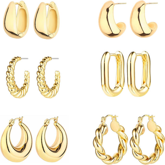 6 Pairs 14K Gold Plated Hoop Earrings for Women Lightweight Chunky Hoop Earrings Multipack Hypoallergenic, Thick Open Twisted Huggie Hoops Earring Set Jewelry for Gifts.