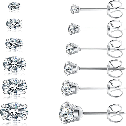 6 Pairs Stud Earrings Set, Hypoallergenic Cubic Zirconia 316L Earrings Stainless Steel CZ Earrings 3-8mm (Steel color)