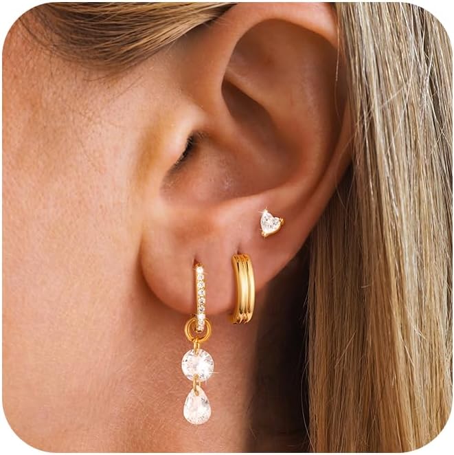 3 Pairs Gold Hoop Earrings Set: Dainty Stud Earrings Trendy Small 14K Gold Plated Hypoallergenic Dangle Cartilage Huggie Hoop Earrings for Women Gold Jewelry for Women Girls Gifts