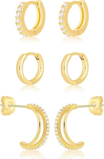 Gold Huggie Hoop Earrings Set for Women, Dainty Small Sterling Silver Earrings for Multiple Piercing Lightweight Hypoallergenic Jewelry, Trendy Twisted Cubic Zircon Cartilage Earrings for Women's Gifts 3 Pairs