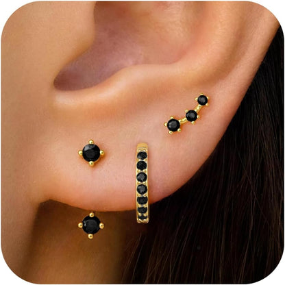 Gold Stud Earrings Set for Women, 3 Pairs Huggie Hoop Jacket Studs Earring Stack for Multiple Piercing, Hypoallergenic 925 Sterling Silver Post Dainty Birthstone Trendy Valentine Jewelry Gifts