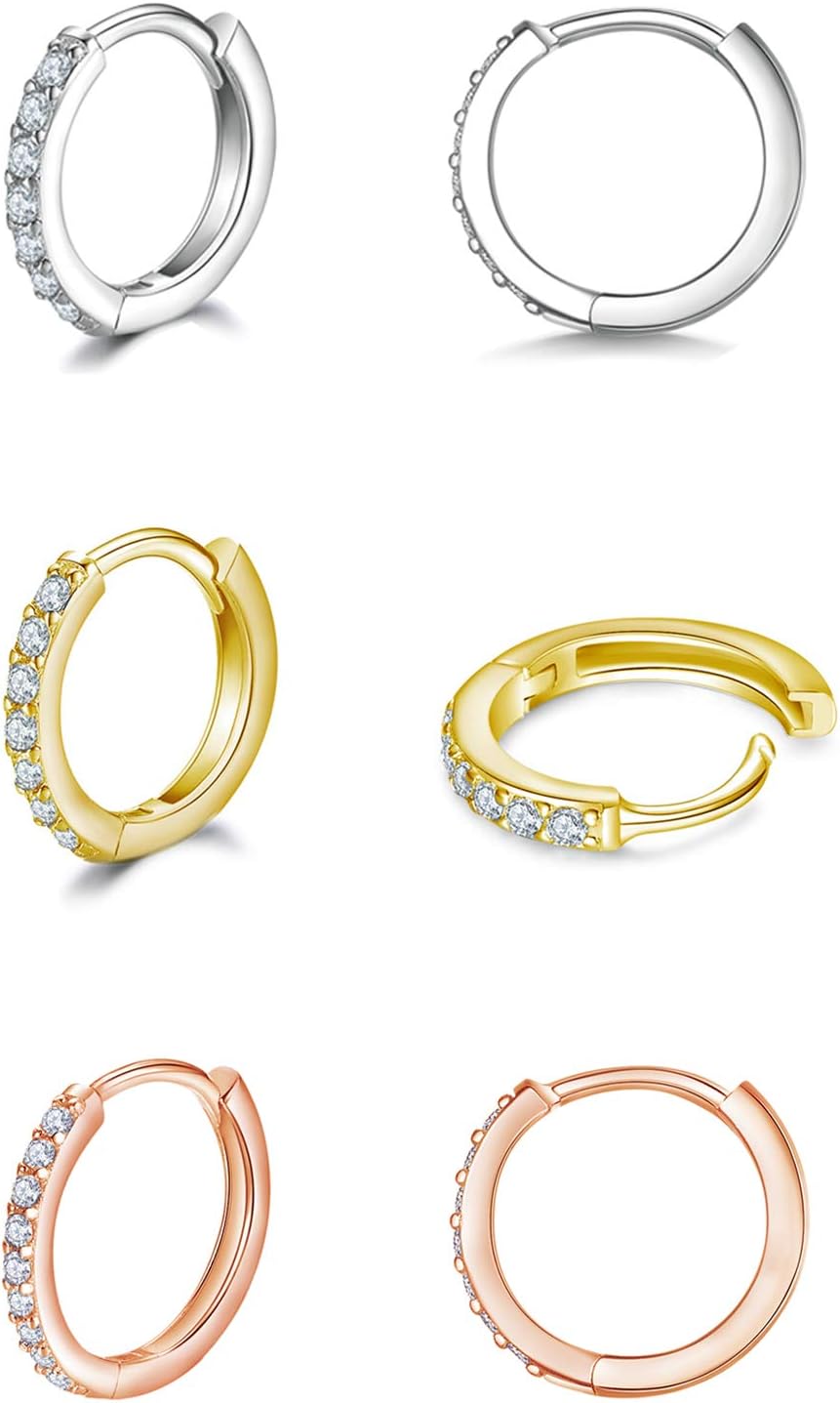 925 Sterling Silver Small Hoop Earrings Cubic Zirconia Huggie Hoop Earrings, 3 Pairs 14K White Gold Plated Cartilage Piercing Earrings Ear Cuff Tiny Hoop Earrings for Women Men