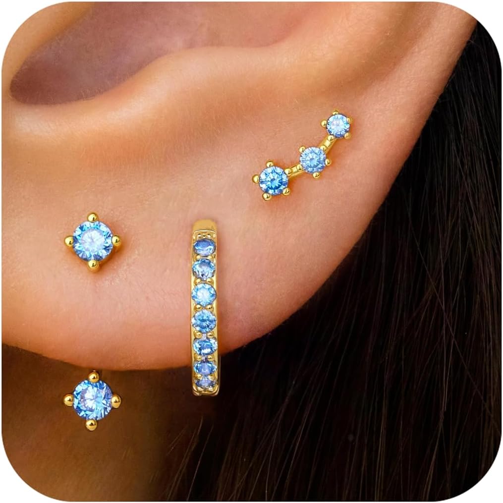 Gold Stud Earrings Set for Women, 3 Pairs Huggie Hoop Jacket Studs Earring Stack for Multiple Piercing, Hypoallergenic 925 Sterling Silver Post Dainty Birthstone Trendy Valentine Jewelry Gifts