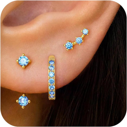 Gold Stud Earrings Set for Women, 3 Pairs Huggie Hoop Jacket Studs Earring Stack for Multiple Piercing, Hypoallergenic 925 Sterling Silver Post Dainty Birthstone Trendy Valentine Jewelry Gifts