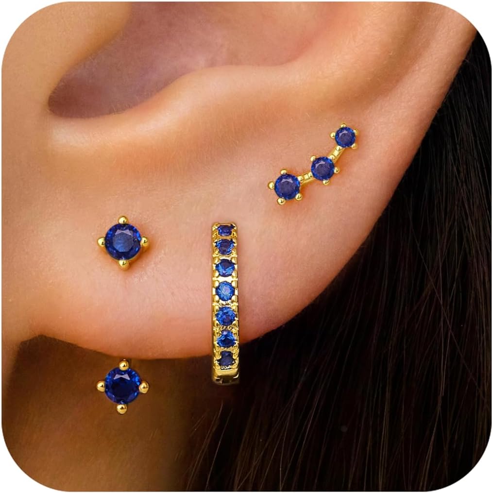 Gold Stud Earrings Set for Women, 3 Pairs Huggie Hoop Jacket Studs Earring Stack for Multiple Piercing, Hypoallergenic 925 Sterling Silver Post Dainty Birthstone Trendy Valentine Jewelry Gifts