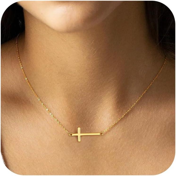MONOZO Cross Necklace for Women，14K Gold Plated Cross Necklace Layered Gold Cross Necklace Tiny Sideway Cross Choker Necklace Gold Cross Necklaces for Women Trendy Gold Jewelry Gifts for Women Trendy
