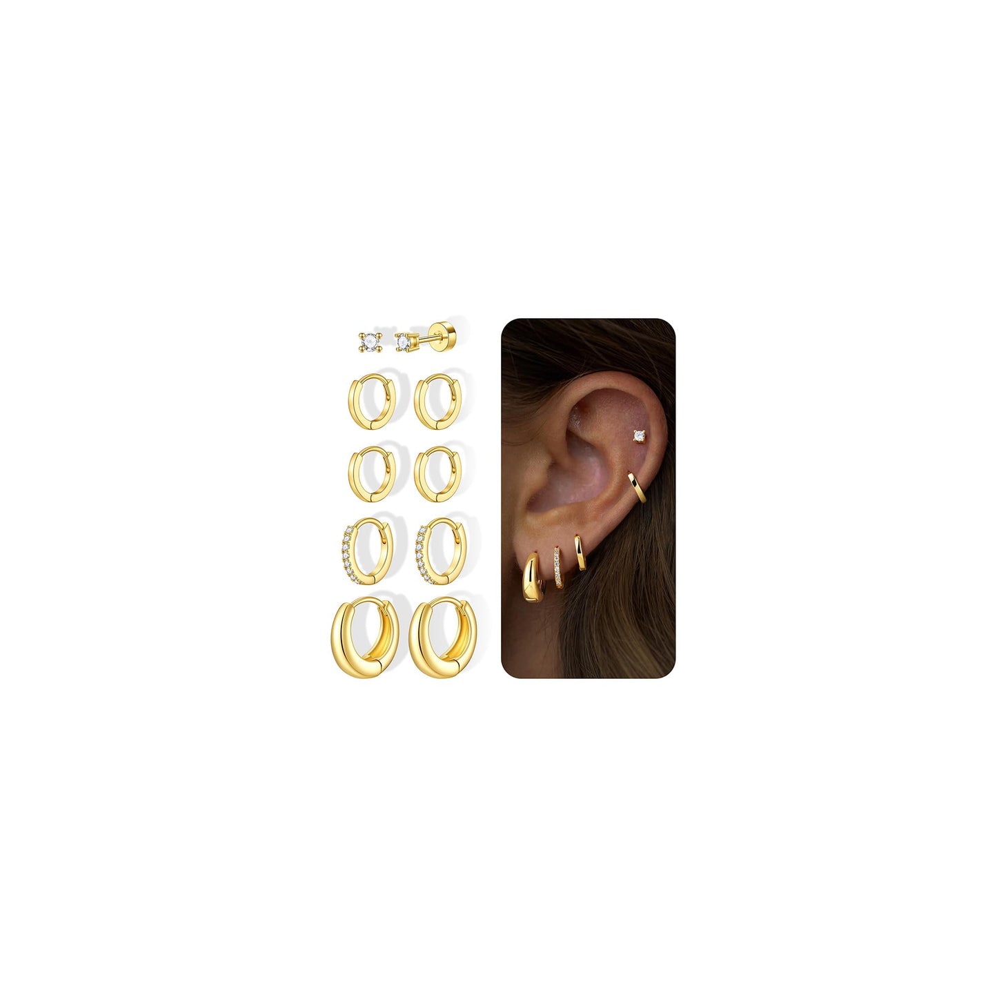 Turandoss Gold Hoop Earrings for Women, 14K Gold Plated Huggie Hoop Earrings Set Dainty CZ Earring Stacks for Multiple Piercing Jewelry