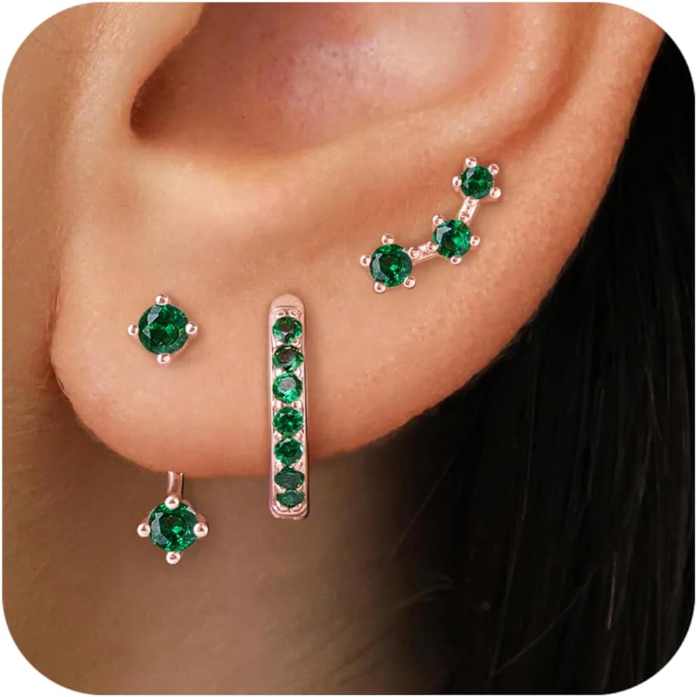 Gold Stud Earrings Set for Women, 3 Pairs Huggie Hoop Jacket Studs Earring Stack for Multiple Piercing, Hypoallergenic 925 Sterling Silver Post Dainty Birthstone Trendy Valentine Jewelry Gifts