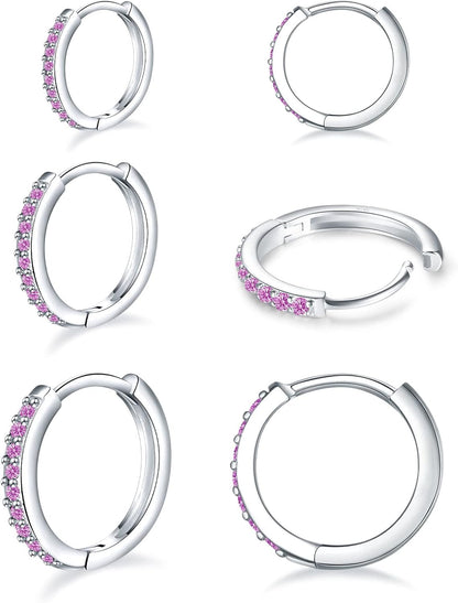 925 Sterling Silver Small Hoop Earrings Cubic Zirconia Huggie Hoop Earrings, 3 Pairs 14K White Gold Plated Cartilage Piercing Earrings Ear Cuff Tiny Hoop Earrings for Women Men