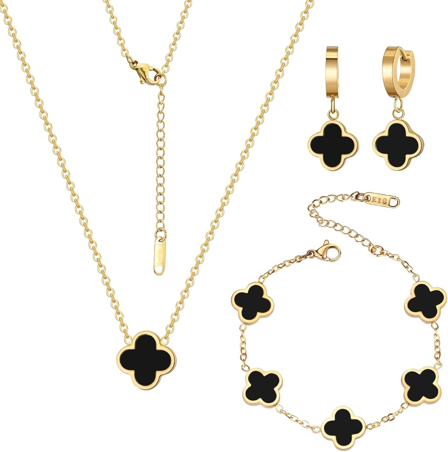 Gold-Tone Black Clover Leaf Jewelry Set