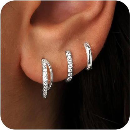 Gold Huggie Hoop Earrings Set for Women, Dainty Small Sterling Silver Earrings for Multiple Piercing Lightweight Hypoallergenic Jewelry, Trendy Twisted Cubic Zircon Cartilage Earrings for Women's Gifts 3 Pairs