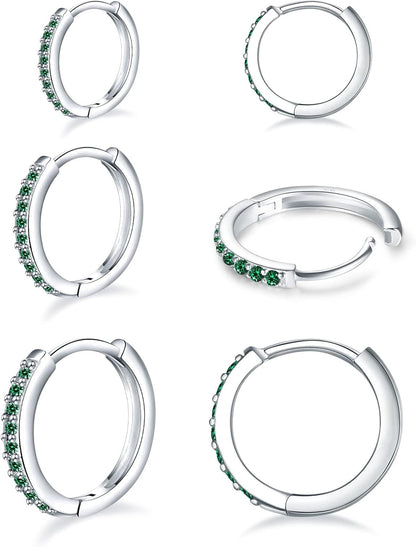 925 Sterling Silver Small Hoop Earrings Cubic Zirconia Huggie Hoop Earrings, 3 Pairs 14K White Gold Plated Cartilage Piercing Earrings Ear Cuff Tiny Hoop Earrings for Women Men