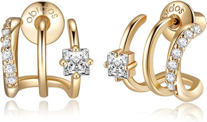 S925 14K Gold Plated Triple Huggie Illusion Stud Earrings | Double Huggie Hoop Earrings for One Hole | Gold Hoop Earrings for Women | Drop earrings