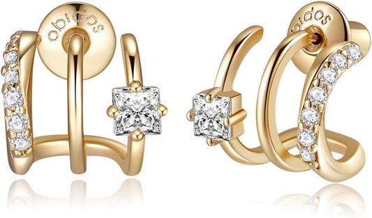 S925 14K Gold Plated Triple Huggie Illusion Stud Earrings | Double Huggie Hoop Earrings for One Hole | Gold Hoop Earrings for Women | Drop earrings