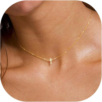 MONOZO Cross Necklace for Women，14K Gold Plated Cross Necklace Layered Gold Cross Necklace Tiny Sideway Cross Choker Necklace Gold Cross Necklaces for Women Trendy Gold Jewelry Gifts for Women Trendy